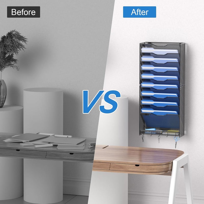 OUTWOLF 10 Tier Hanging Wall File Organizer Wall Mount Paper Document Folder Holder with Hooks for Home Office Organization - Image 5